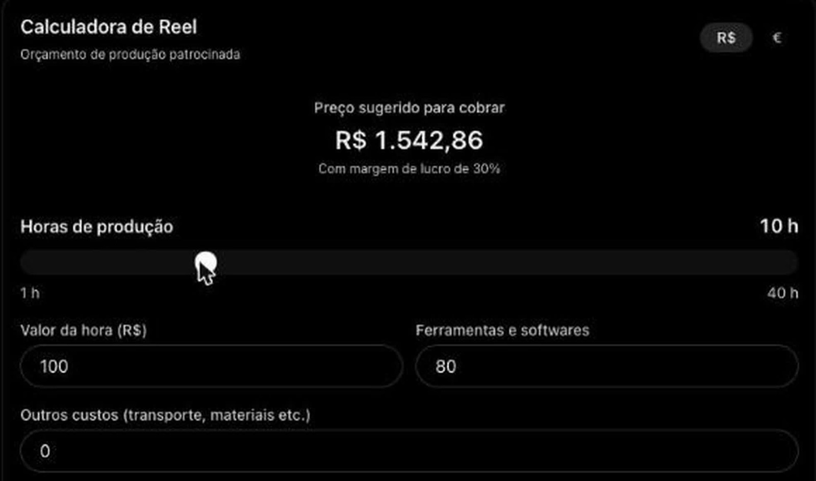 A calculadora de Reel que o ChatGPT montou: com 10 horas de produção, o preço sugerido muda na hora