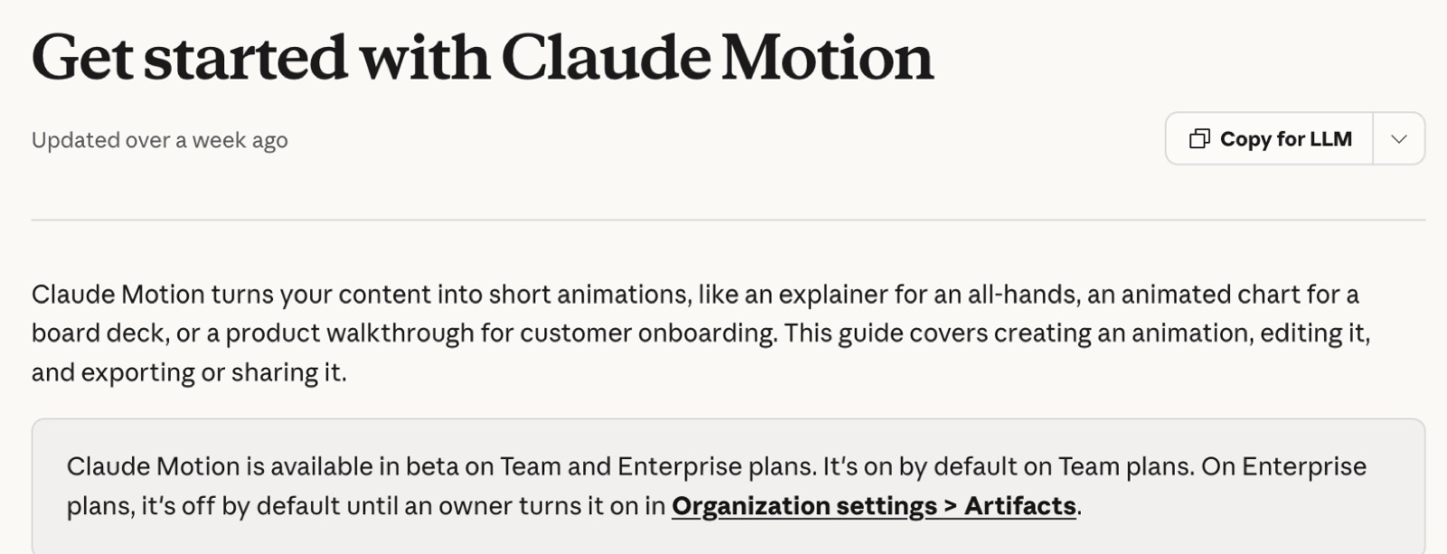 O guia oficial "Get started with Claude Motion": beta nos planos Team e Enterprise