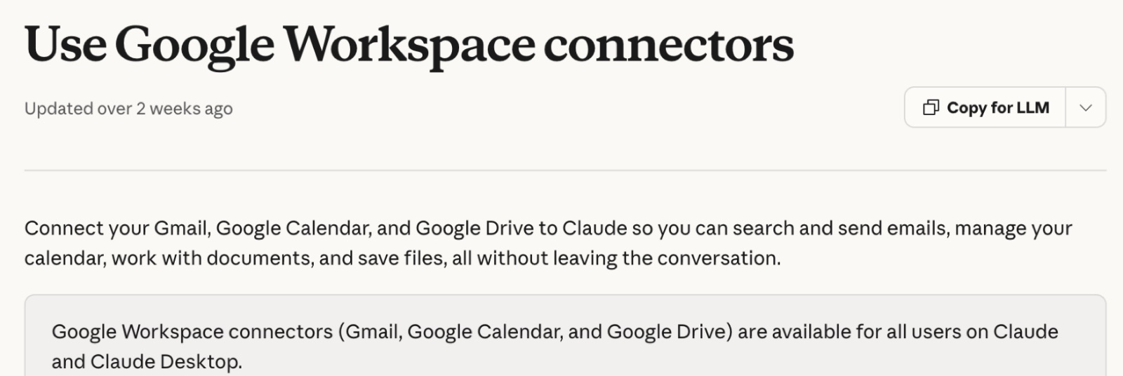 A página oficial dos conectores do Google Workspace na Central de Ajuda do Claude