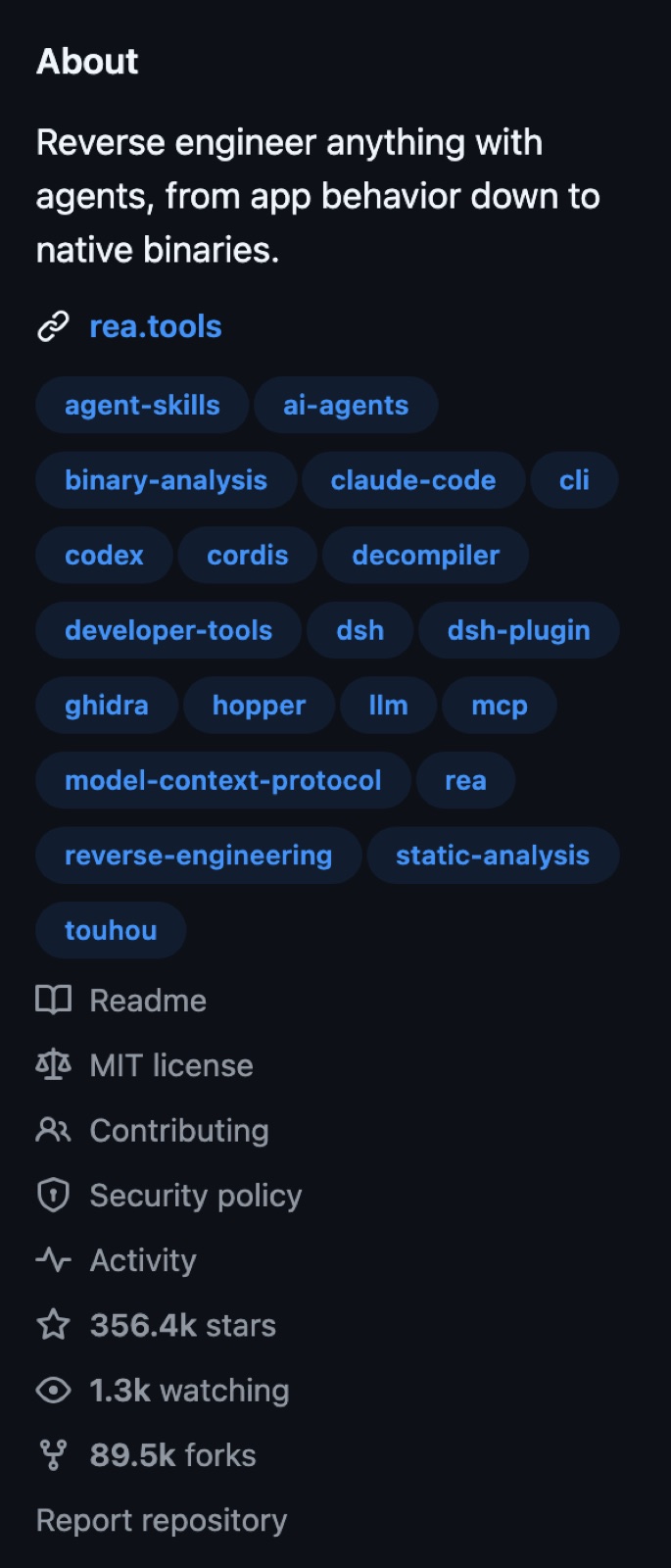 O repositório do REA no GitHub: licença MIT, 356,4 mil estrelas e 89,5 mil forks