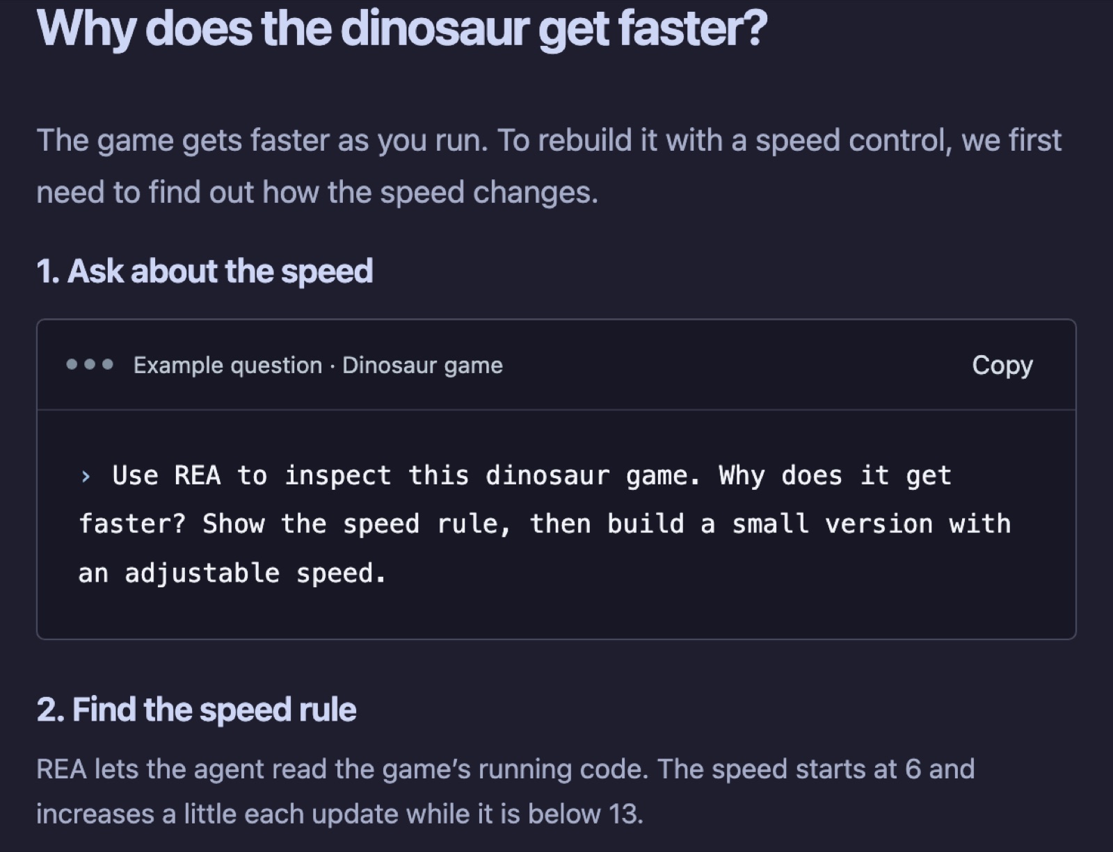 O exemplo do jogo do dinossauro no site oficial do REA